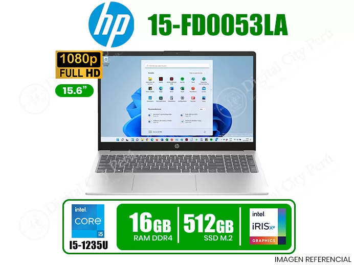 LAPTOP HP 15-FD0053LA | PROC.: I5-1235U 1.30/4.40 GHZ (10 NUCLEOS) | RAM: 16GB DDR4 3200MHZ MAX. 32GB | SSD: 512GB M.2 PCIe N