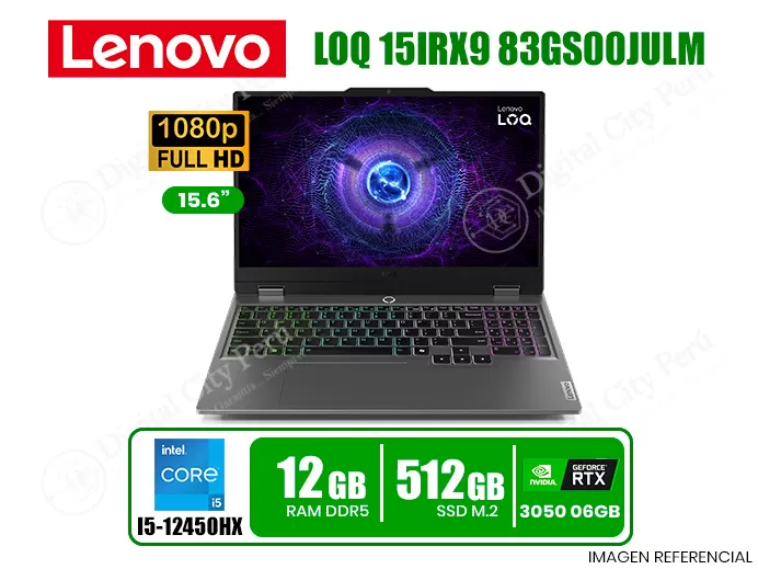 LAPTOP LENOVO LOQ 15IRX9 | PROC.: INTEL CORE I5-12450HX 2.40/4.40GHZ | RAM: 12GB DDR5 4800MHZ MAX. 32GB | SSD: 512GB M.2 | GE