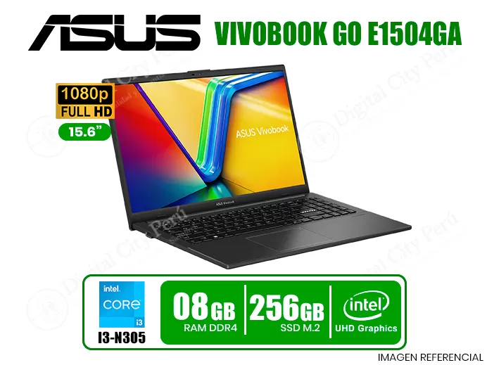 LAPTOP ASUS VIVOBOOK GO E1504GA | PROC.: INTEL CORE I3-N305 | RAM: 8 GB DDR4 3200MHZ | SSD 256GB M.2 | Gráficos Intel® UHD |
