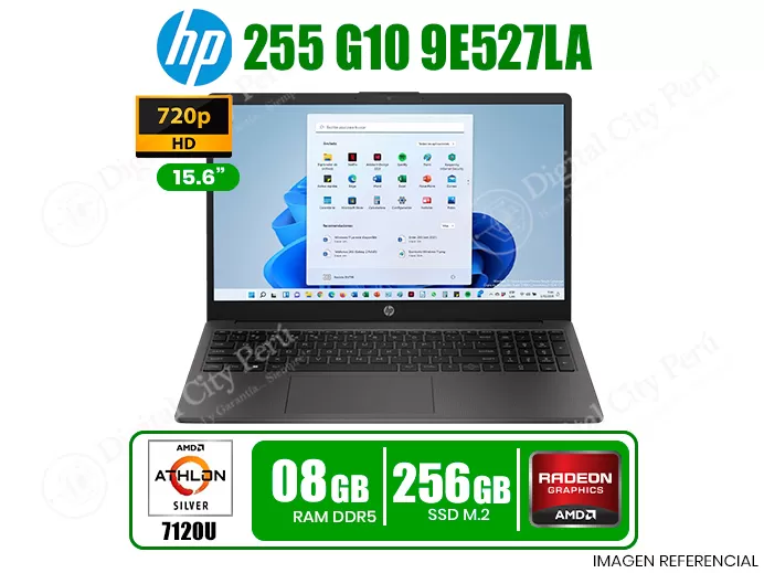 LAPTOP HP 255 G10 | PROC.: AMD ATHLON SILVER 7120U | RAM: 08GB LPDDR5 5500MHZ | SSD: 256GB M.2 PCIe® NVMe | GRAFICOS AMD RADE